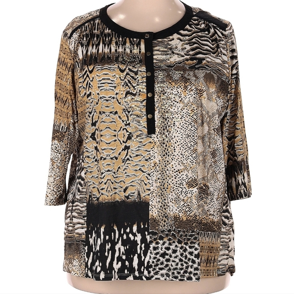 100% Cotton Enque Woman Size 2X Mixed Animal Print Henley Top Cheetah Snake Skin